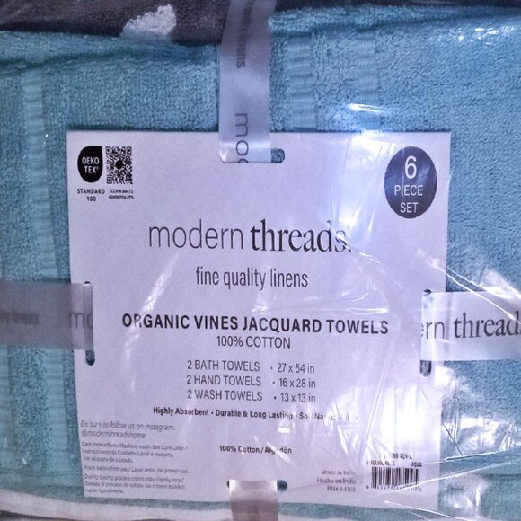 6PC SET MODERN THREADS ORGANIC VINES JACQUARD TOWELS AQUA - Picture 3 of 4